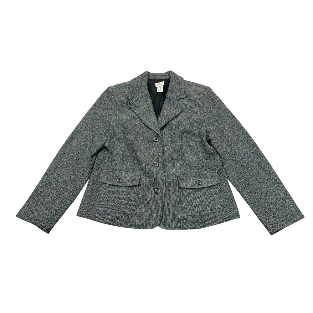 LL Bean Wool Silk Herringbone Tweed Blazer Green Grey Large Regular Preppy Work